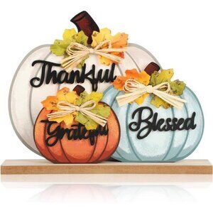 3 Pcs Fall Pumpkin Decor Wooden Table Sign Thankful Blessed Grateful Tabletop